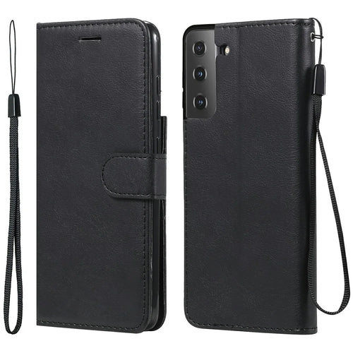 For Samsung Galaxy S21 FE Case Solid Color Leather Mobile Cover Wallet Stand with Strap - Black - 1