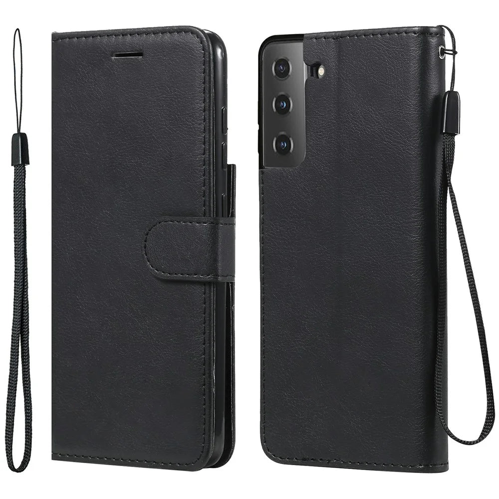 For Samsung Galaxy S21 FE Case Solid Color Leather Mobile Cover Wallet Stand with Strap - Black - 1
