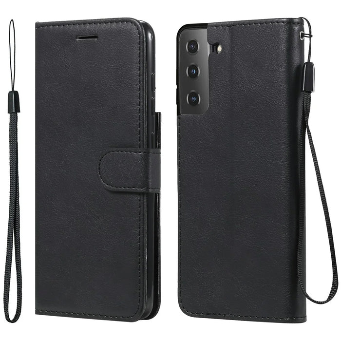 For Samsung Galaxy S21 FE Case Solid Color Leather Mobile Cover Wallet Stand with Strap - Black - 1