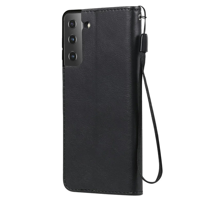For Samsung Galaxy S21 FE Case Solid Color Leather Mobile Cover Wallet Stand with Strap - Black - 3