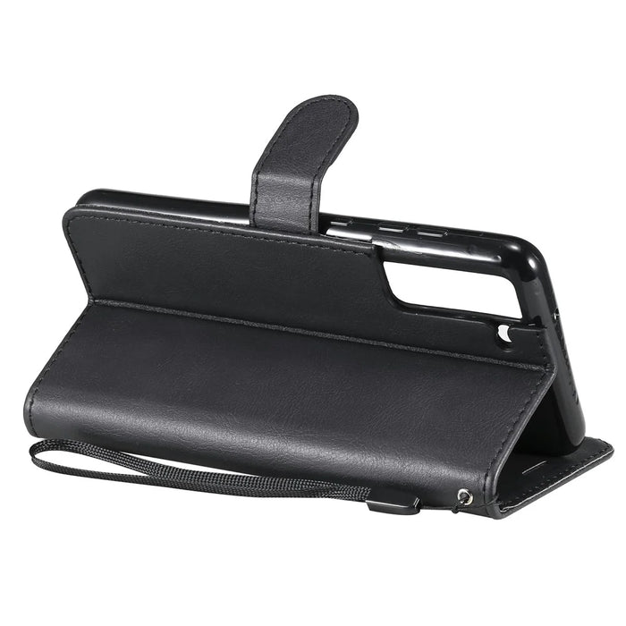 For Samsung Galaxy S21 FE Case Solid Color Leather Mobile Cover Wallet Stand with Strap - Black - 4