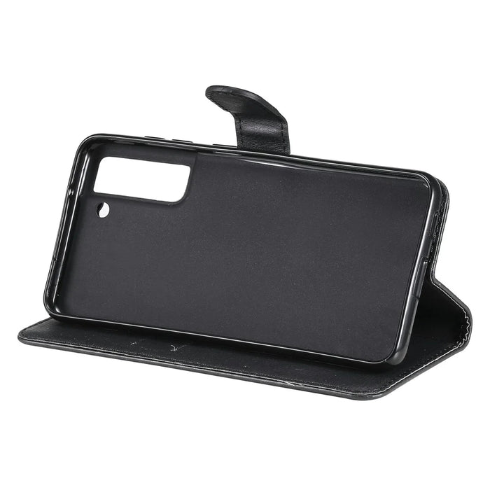 For Samsung Galaxy S21 FE Case Solid Color Leather Mobile Cover Wallet Stand with Strap - Black - 5