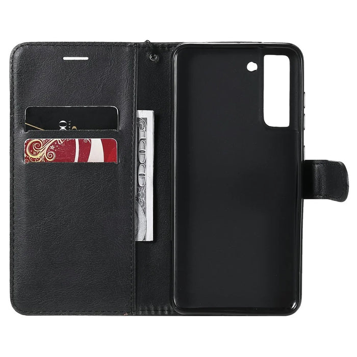 For Samsung Galaxy S21 FE Case Solid Color Leather Mobile Cover Wallet Stand with Strap - Black - 6