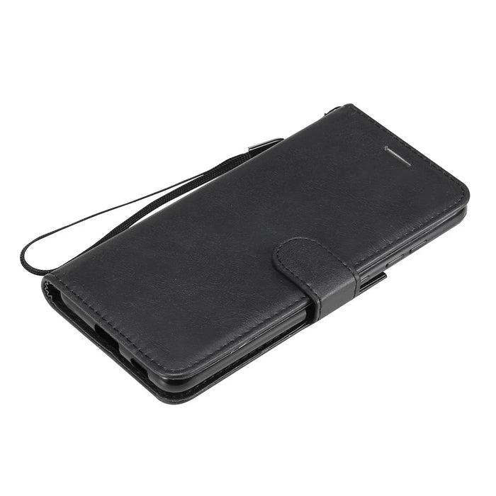 For Samsung Galaxy S21 FE Case Solid Color Leather Mobile Cover Wallet Stand with Strap - Black - 7