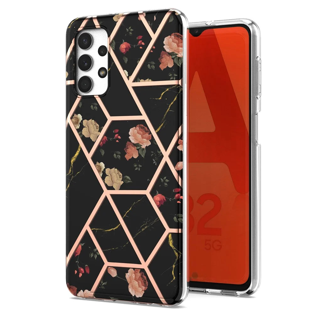 Flower Pattern 2.0mm IMD IML Electroplating Marble Cover Shell TPU Phone Case for Samsung Galaxy A32 5G/M32 5G - Black Marble/Flower - 1