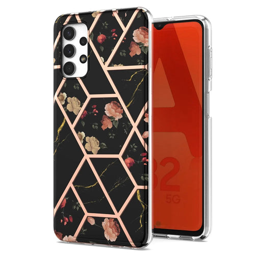 Flower Pattern 2.0mm IMD IML Electroplating Marble Cover Shell TPU Phone Case for Samsung Galaxy A32 5G/M32 5G - Black Marble/Flower - 1