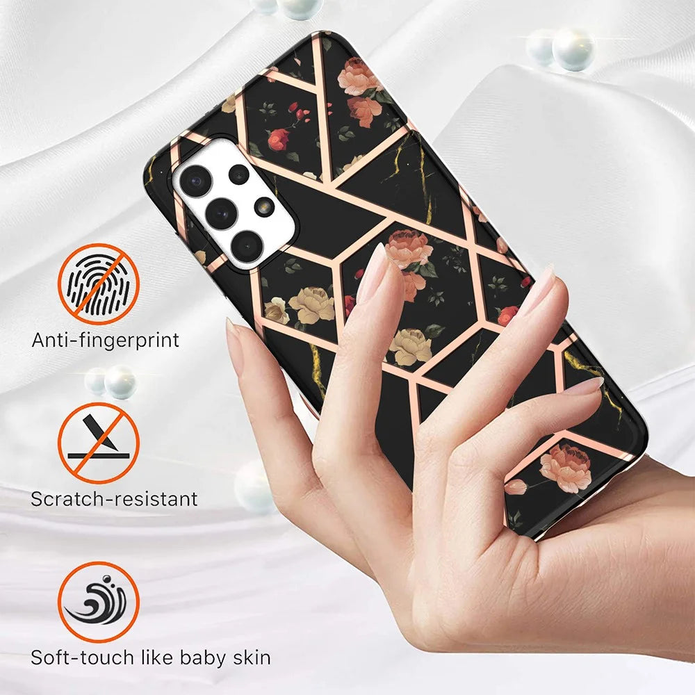 Flower Pattern 2.0mm IMD IML Electroplating Marble Cover Shell TPU Phone Case for Samsung Galaxy A32 5G/M32 5G - Black Marble/Flower - 2