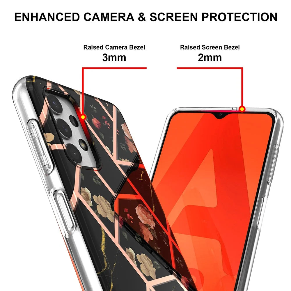 Flower Pattern 2.0mm IMD IML Electroplating Marble Cover Shell TPU Phone Case for Samsung Galaxy A32 5G/M32 5G - Black Marble/Flower - 4