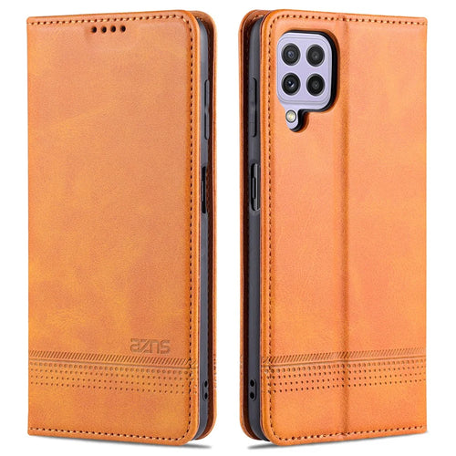 AZNS Premium PU Leather Auto-absorbed Magnetic Closure Stand Function Wallet Flip Cover for Samsung Galaxy A22 4G (EU Version) - Brown - 1