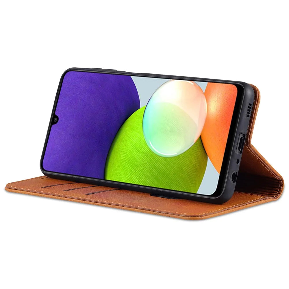 AZNS Premium PU Leather Auto-absorbed Magnetic Closure Stand Function Wallet Flip Cover for Samsung Galaxy A22 4G (EU Version) - Brown - 4