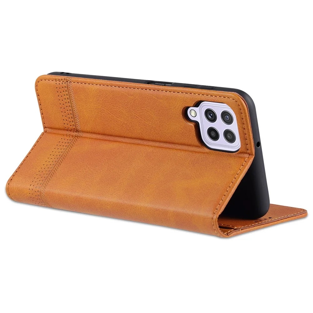 AZNS Premium PU Leather Auto-absorbed Magnetic Closure Stand Function Wallet Flip Cover for Samsung Galaxy A22 4G (EU Version) - Brown - 5
