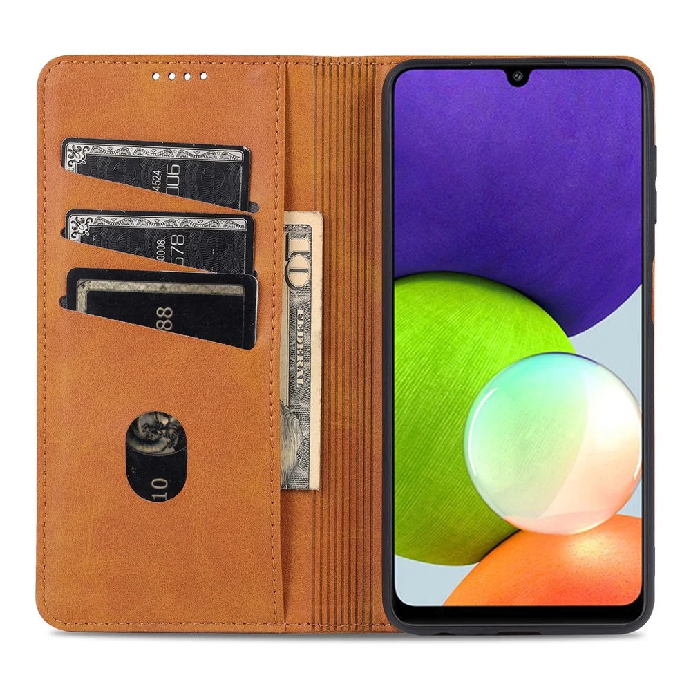 AZNS Premium PU Leather Auto-absorbed Magnetic Closure Stand Function Wallet Flip Cover for Samsung Galaxy A22 4G (EU Version) - Brown - 7