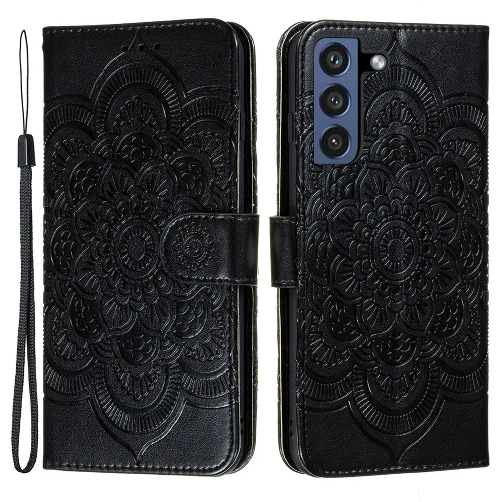 Imprint Henna Mandala Flower Pattern Lanyard Protective Soft PU Leather Cover Case for Samsung Galaxy S21 FE - Black - 1