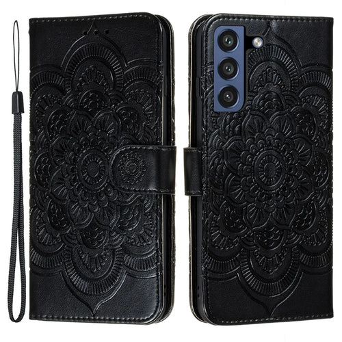 Imprint Henna Mandala Flower Pattern Lanyard Protective Soft PU Leather Cover Case for Samsung Galaxy S21 FE - Black - 1