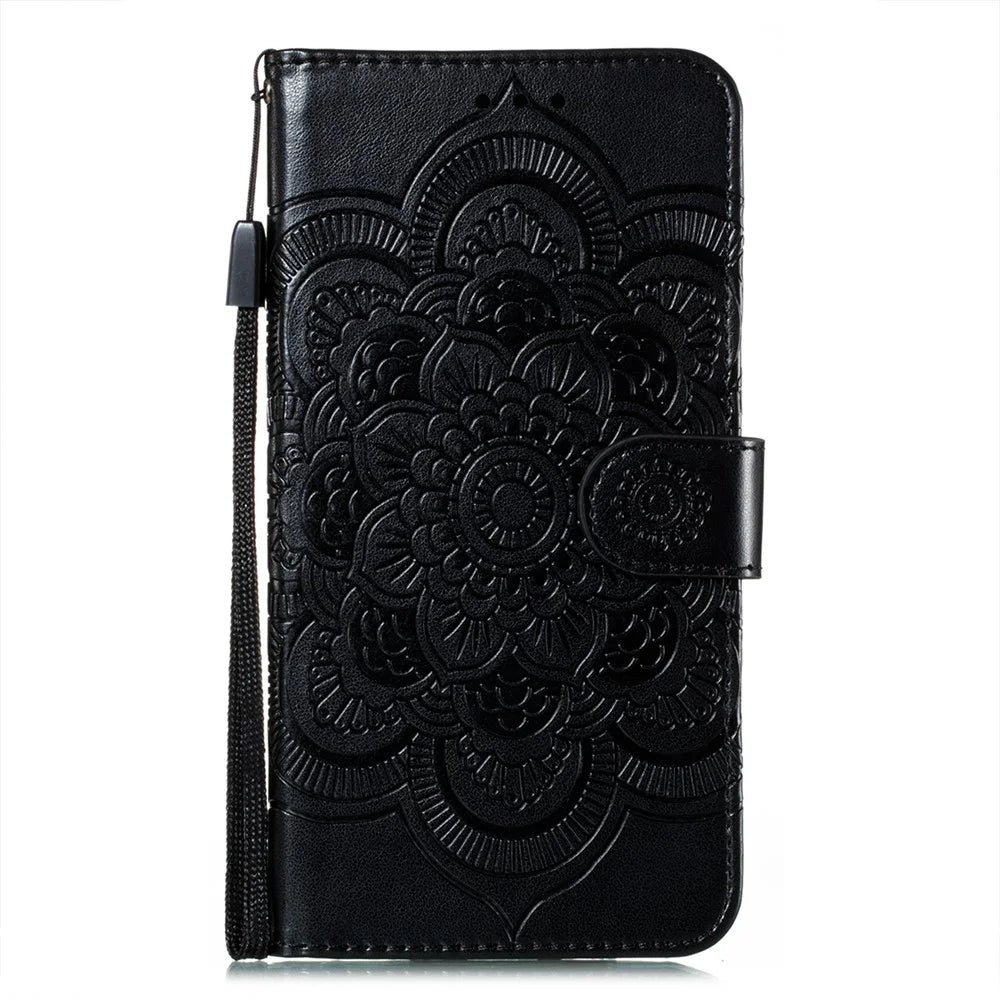 Imprint Henna Mandala Flower Pattern Lanyard Protective Soft PU Leather Cover Case for Samsung Galaxy S21 FE - Black - 2