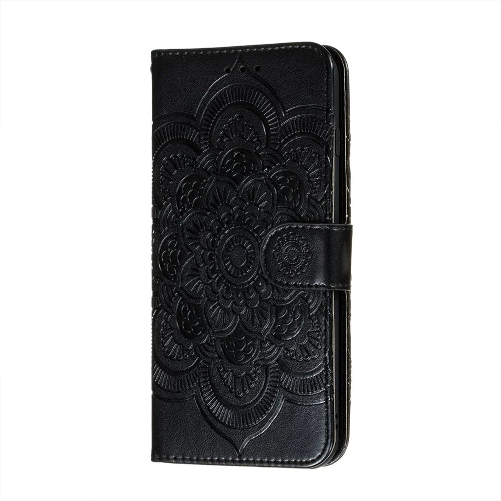 Imprint Henna Mandala Flower Pattern Lanyard Protective Soft PU Leather Cover Case for Samsung Galaxy S21 FE - Black - 3