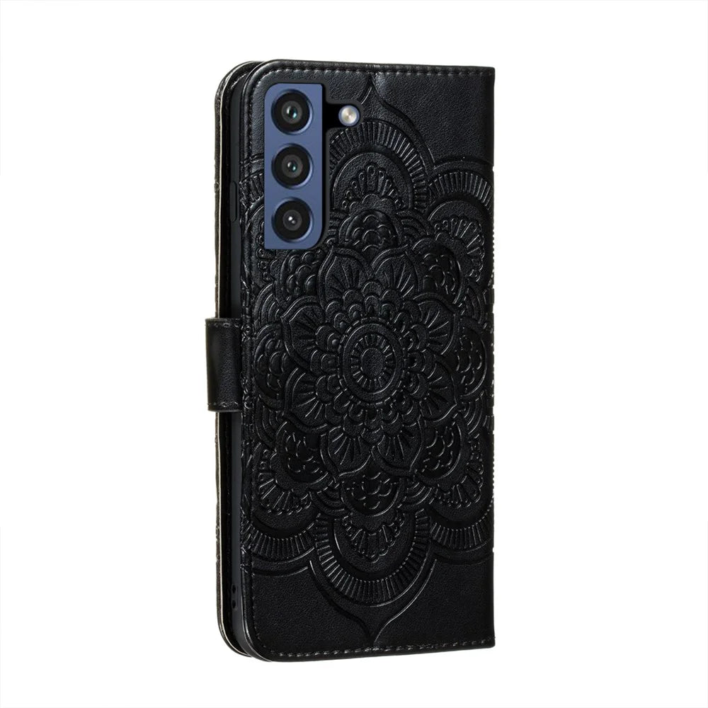 Imprint Henna Mandala Flower Pattern Lanyard Protective Soft PU Leather Cover Case for Samsung Galaxy S21 FE - Black - 4