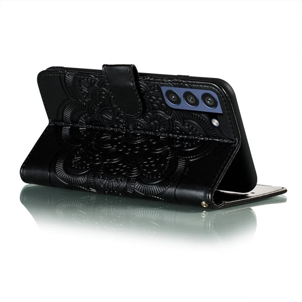 Imprint Henna Mandala Flower Pattern Lanyard Protective Soft PU Leather Cover Case for Samsung Galaxy S21 FE - Black - 5