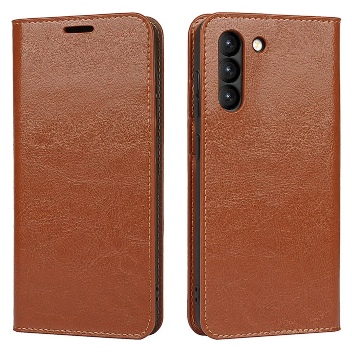 Crazy Horse Genuine Leather Protective Wallet Phone Case with Stand for Samsung Galaxy S21 FE - Brown - 1
