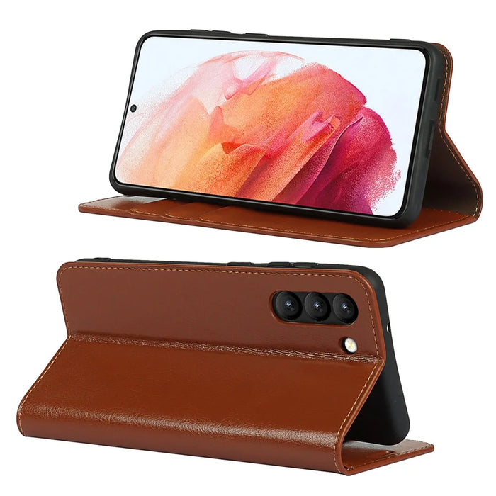 Crazy Horse Genuine Leather Protective Wallet Phone Case with Stand for Samsung Galaxy S21 FE - Brown - 2