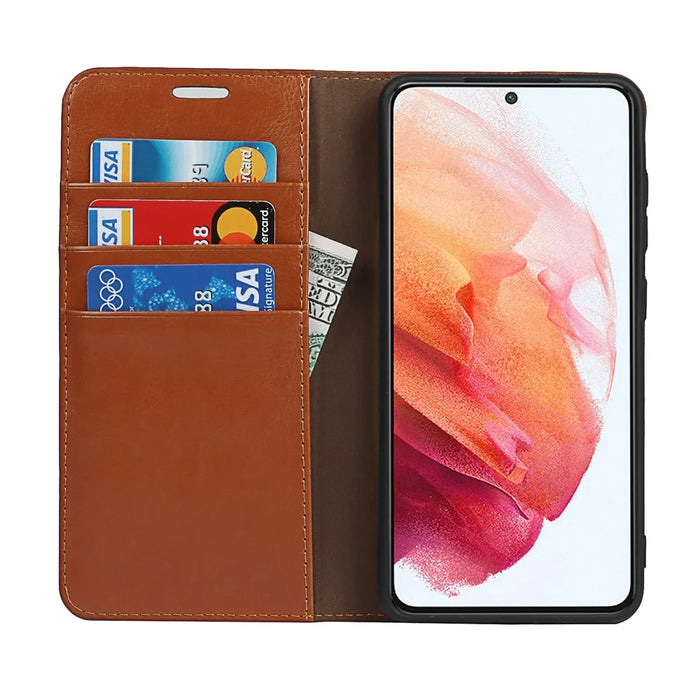 Crazy Horse Genuine Leather Protective Wallet Phone Case with Stand for Samsung Galaxy S21 FE - Brown - 3
