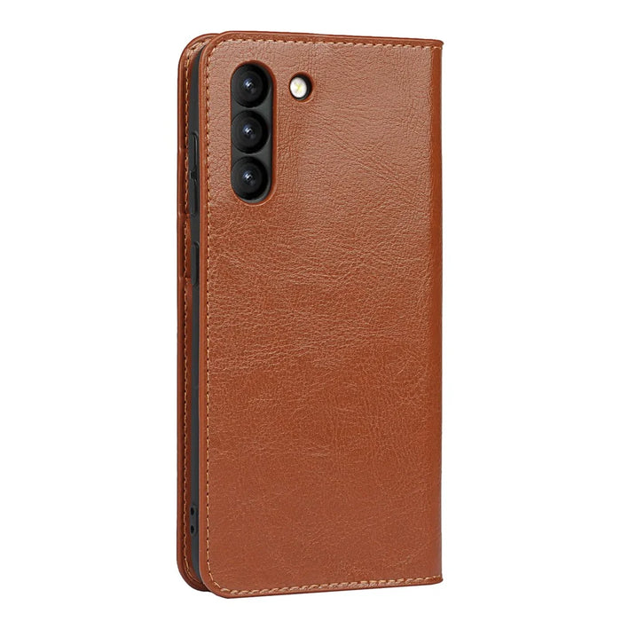 Crazy Horse Genuine Leather Protective Wallet Phone Case with Stand for Samsung Galaxy S21 FE - Brown - 5