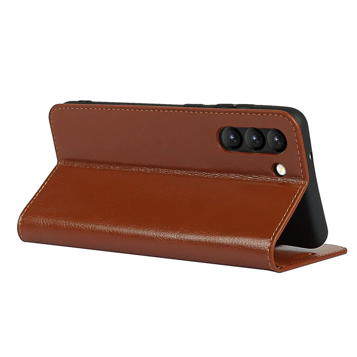 Crazy Horse Genuine Leather Protective Wallet Phone Case with Stand for Samsung Galaxy S21 FE - Brown - 6