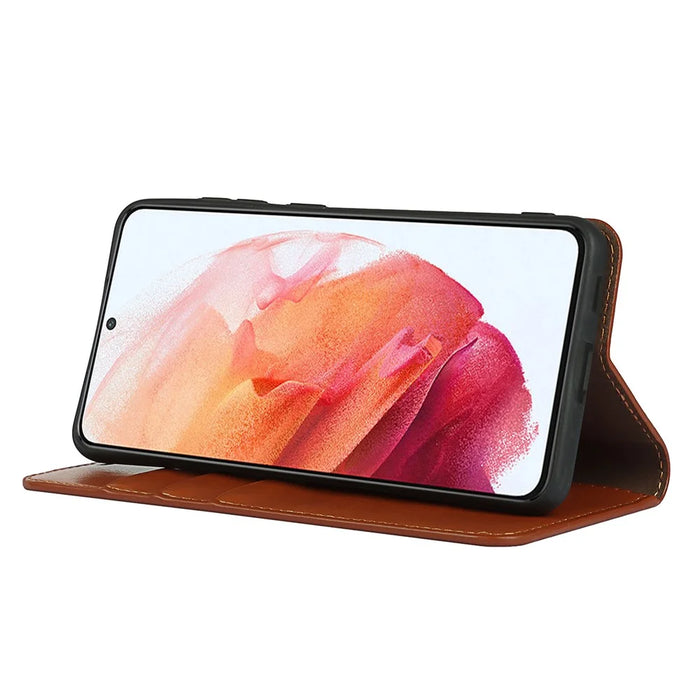 Crazy Horse Genuine Leather Protective Wallet Phone Case with Stand for Samsung Galaxy S21 FE - Brown - 7