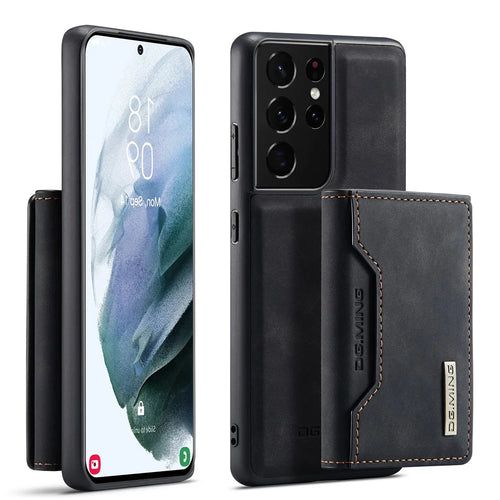 DG.MING M2 Series Magnetic Tri-fold Wallet Design Kickstand Cover Leather Phone Case Shell for Samsung Galaxy S21 Ultra 5G - Black - 1