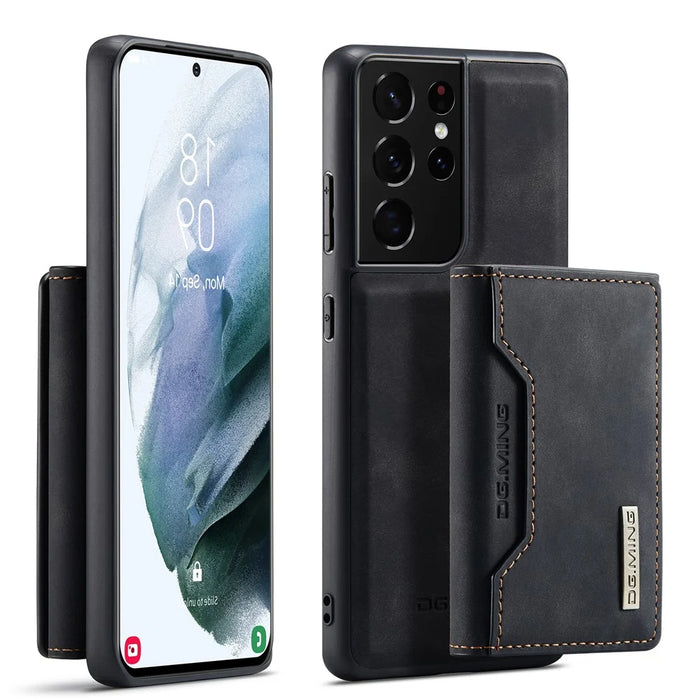 DG.MING M2 Series Magnetic Tri-fold Wallet Design Kickstand Cover Leather Phone Case Shell for Samsung Galaxy S21 Ultra 5G - Black - 1
