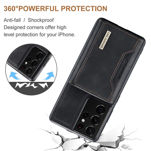 DG.MING M2 Series Magnetic Tri-fold Wallet Design Kickstand Cover Leather Phone Case Shell for Samsung Galaxy S21 Ultra 5G - Black - 2