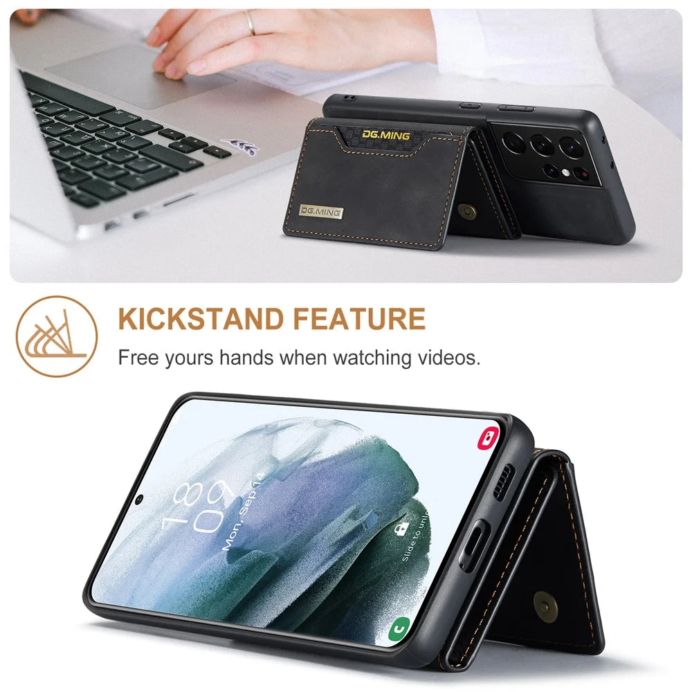 DG.MING M2 Series Magnetic Tri-fold Wallet Design Kickstand Cover Leather Phone Case Shell for Samsung Galaxy S21 Ultra 5G - Black - 3