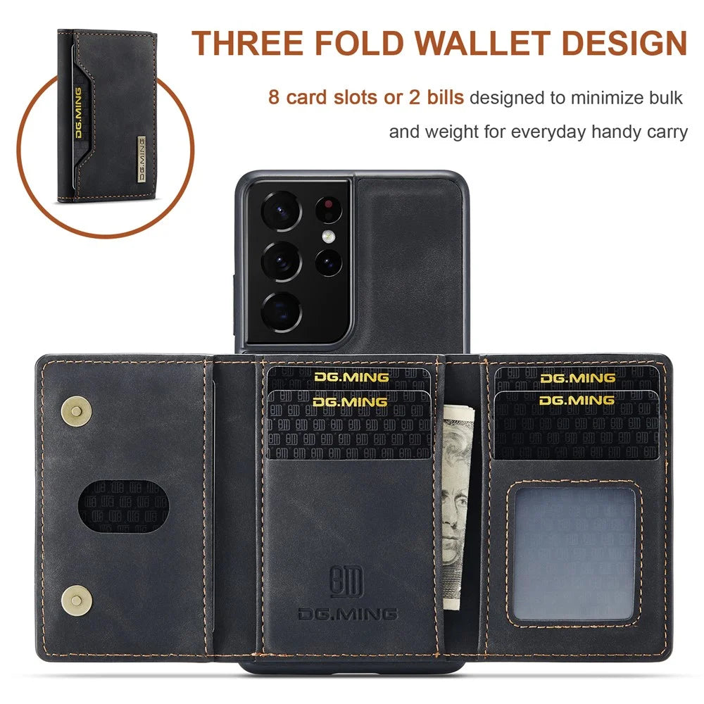 DG.MING M2 Series Magnetic Tri-fold Wallet Design Kickstand Cover Leather Phone Case Shell for Samsung Galaxy S21 Ultra 5G - Black - 5