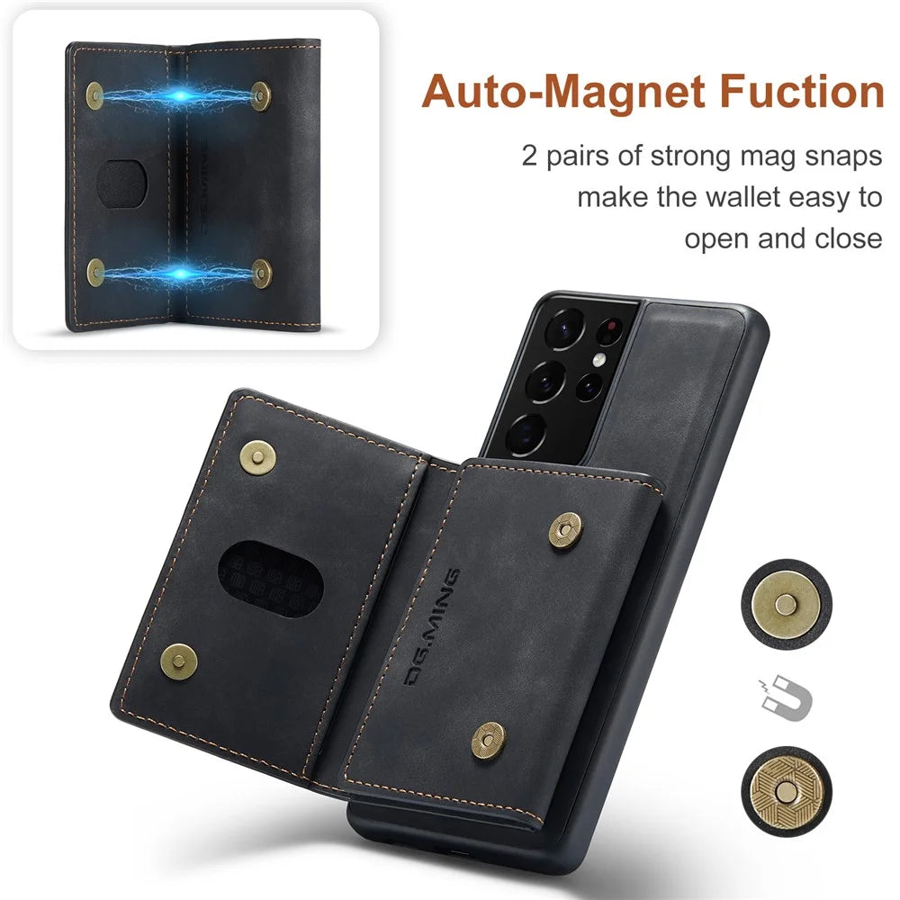 DG.MING M2 Series Magnetic Tri-fold Wallet Design Kickstand Cover Leather Phone Case Shell for Samsung Galaxy S21 Ultra 5G - Black - 6