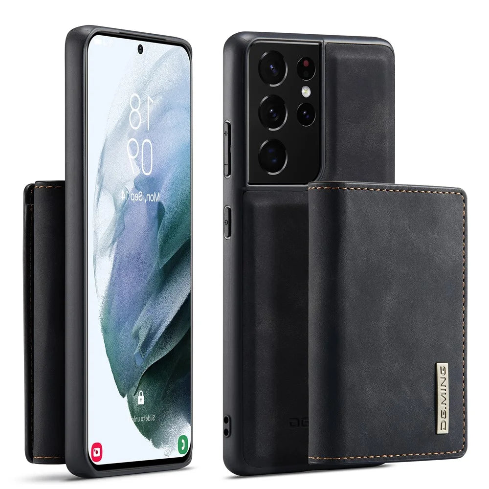 DG.MING M1 Series Kickstand Design PU Leather Phone Case with Magnetic Wallet for Samsung Galaxy S21 Ultra 5G - Black - 1