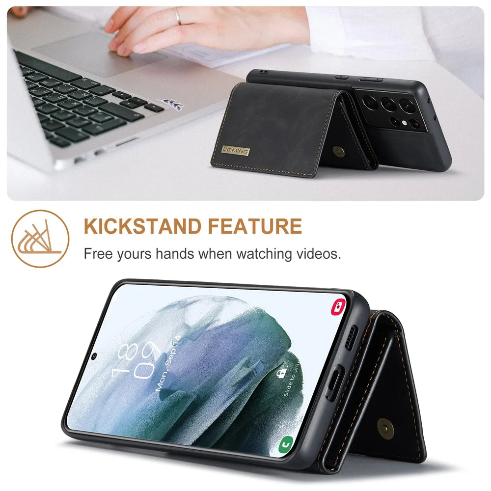 DG.MING M1 Series Kickstand Design PU Leather Phone Case with Magnetic Wallet for Samsung Galaxy S21 Ultra 5G - Black - 3