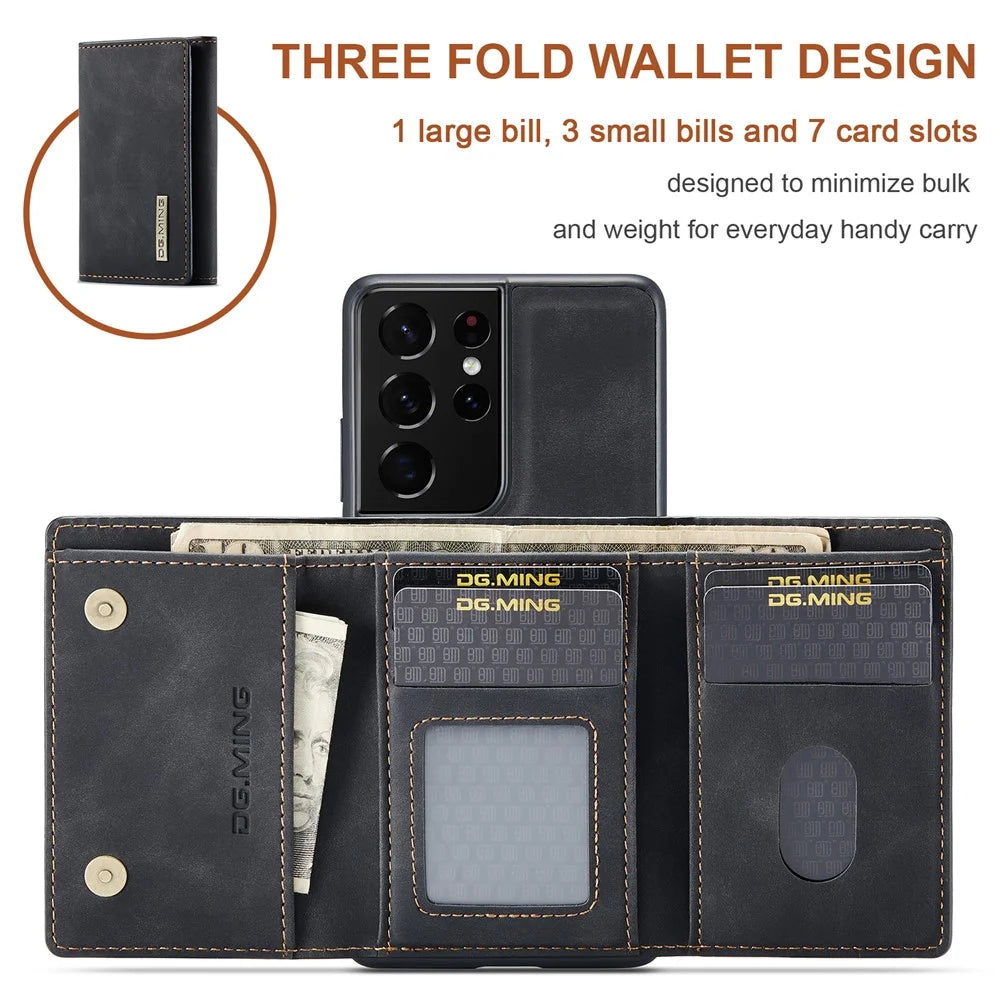 DG.MING M1 Series Kickstand Design PU Leather Phone Case with Magnetic Wallet for Samsung Galaxy S21 Ultra 5G - Black - 5