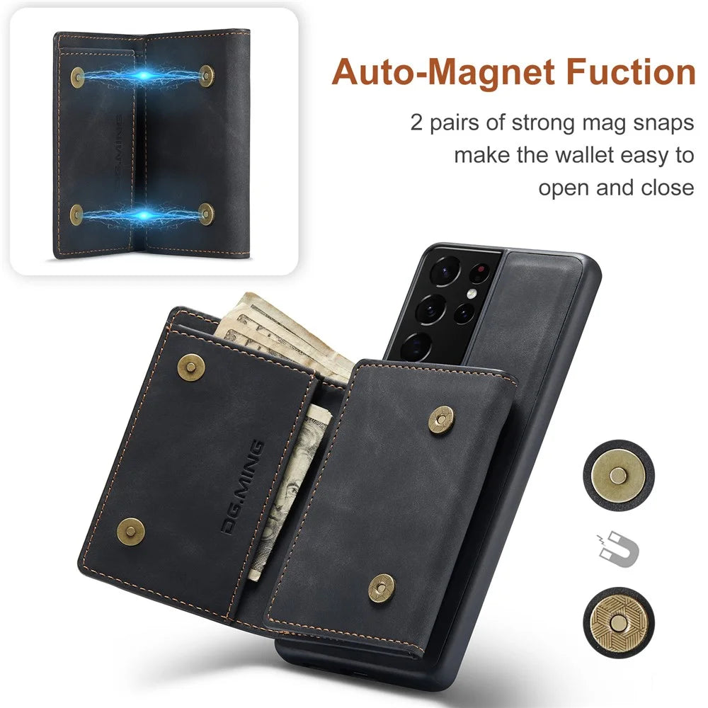 DG.MING M1 Series Kickstand Design PU Leather Phone Case with Magnetic Wallet for Samsung Galaxy S21 Ultra 5G - Black - 6