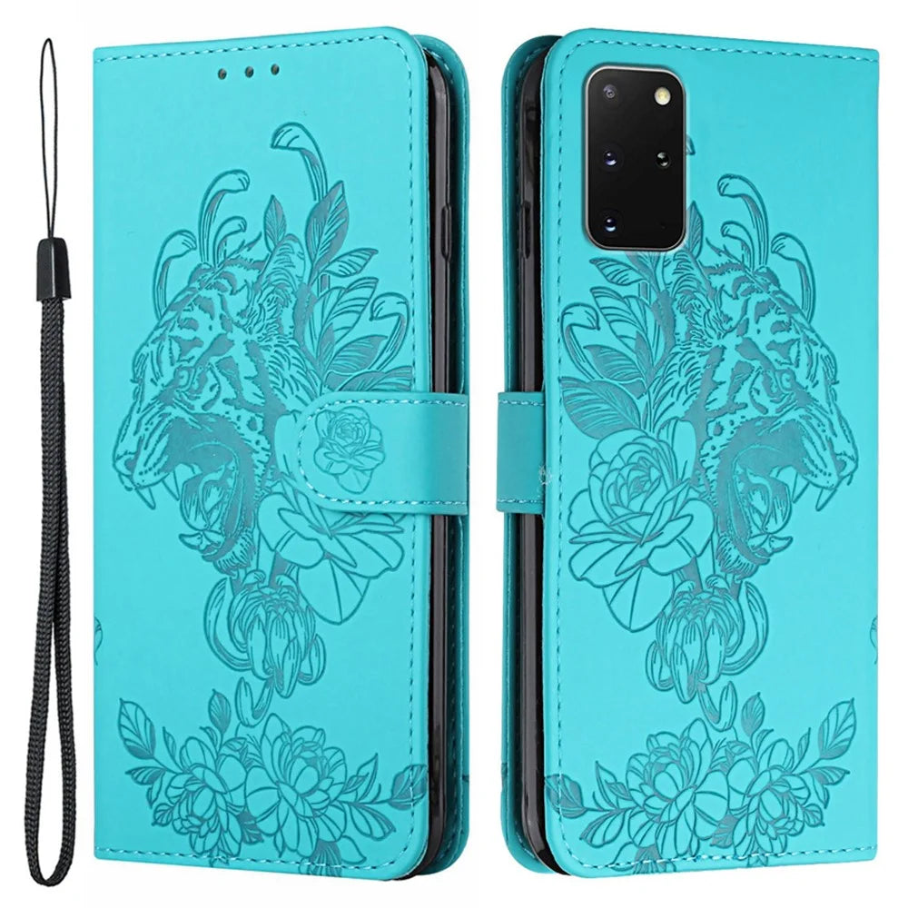 Leather Wallet Stand Case with Tiger Head Pattern Imprinting for Samsung Galaxy S20 Plus 4G/5G - Green - 1