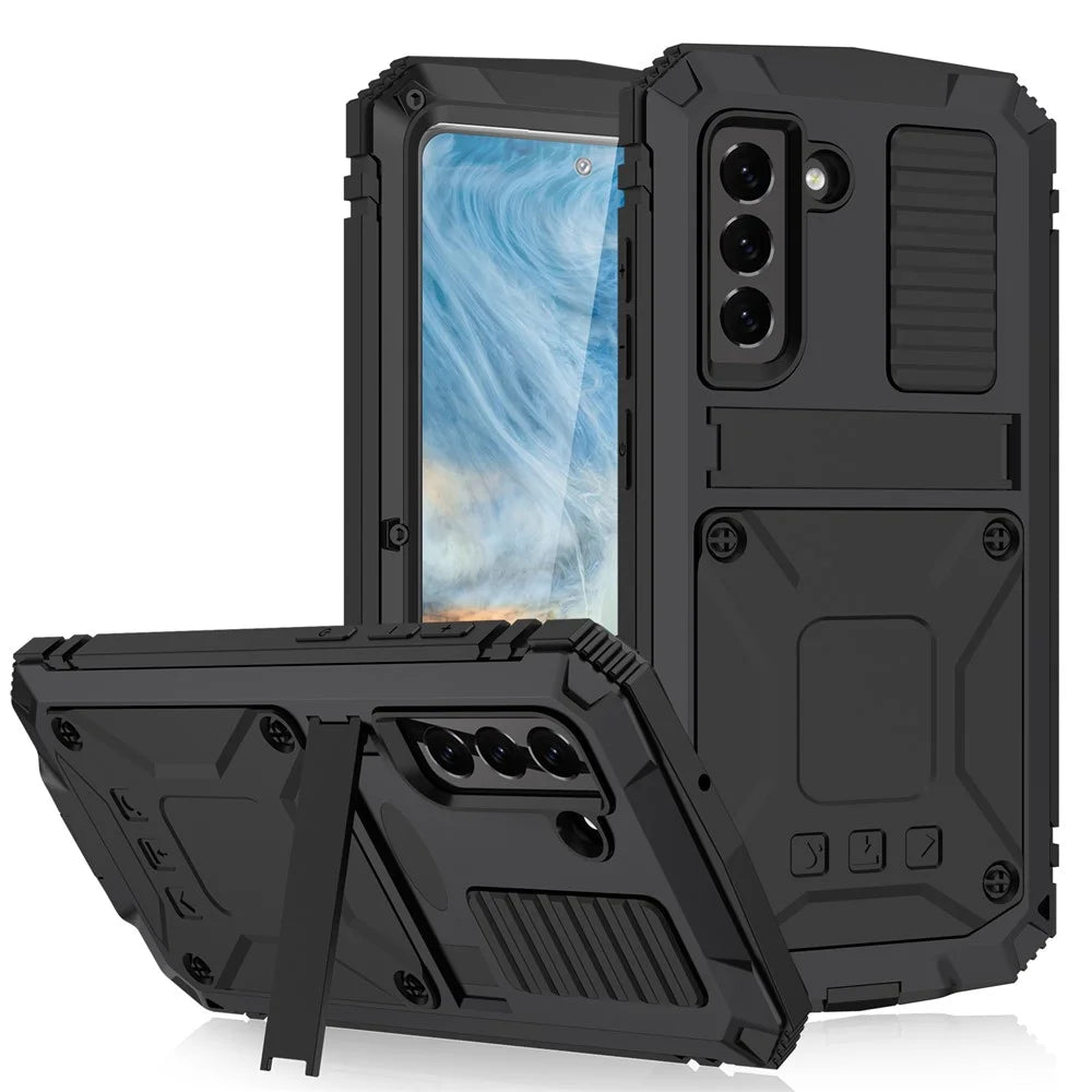 Shock Absorbing Defender Heavy Full Body Back Cover Kickstand Carrying Hard PC + Soft TPU Armor Case for Samsung Galaxy S21 FE - Black - 1