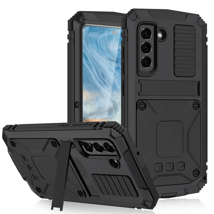 Shock Absorbing Defender Heavy Full Body Back Cover Kickstand Carrying Hard PC + Soft TPU Armor Case for Samsung Galaxy S21 FE - Black - 1