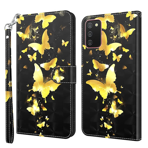 Pattern Printing Wallet Stand Leather Phone Cover with Strap for Samsung Galaxy A03s (166.5mm) - Golden Butterfly - 1