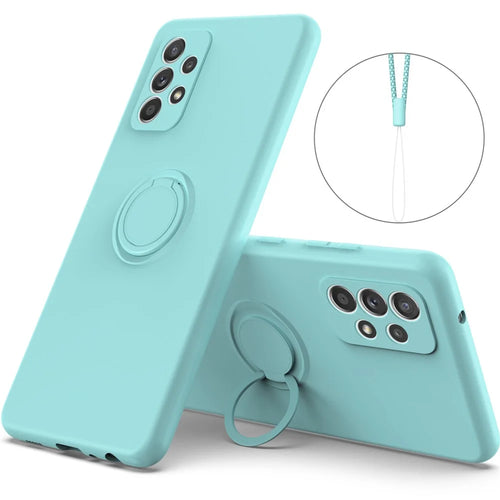 Ring Holder Kickstand Design Liquid Silicone Phone Case with Strap for Samsung Galaxy A52 4G/5G / A52s 5G - Baby Blue - 1