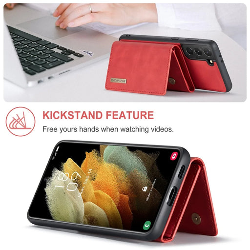 DG.MING M1 Series Detachable 2 in 1 Magnetic Wallet Design Leather Coated TPU + PC Case with Kickstand for Samsung Galaxy S21+ 5G - Red - 2