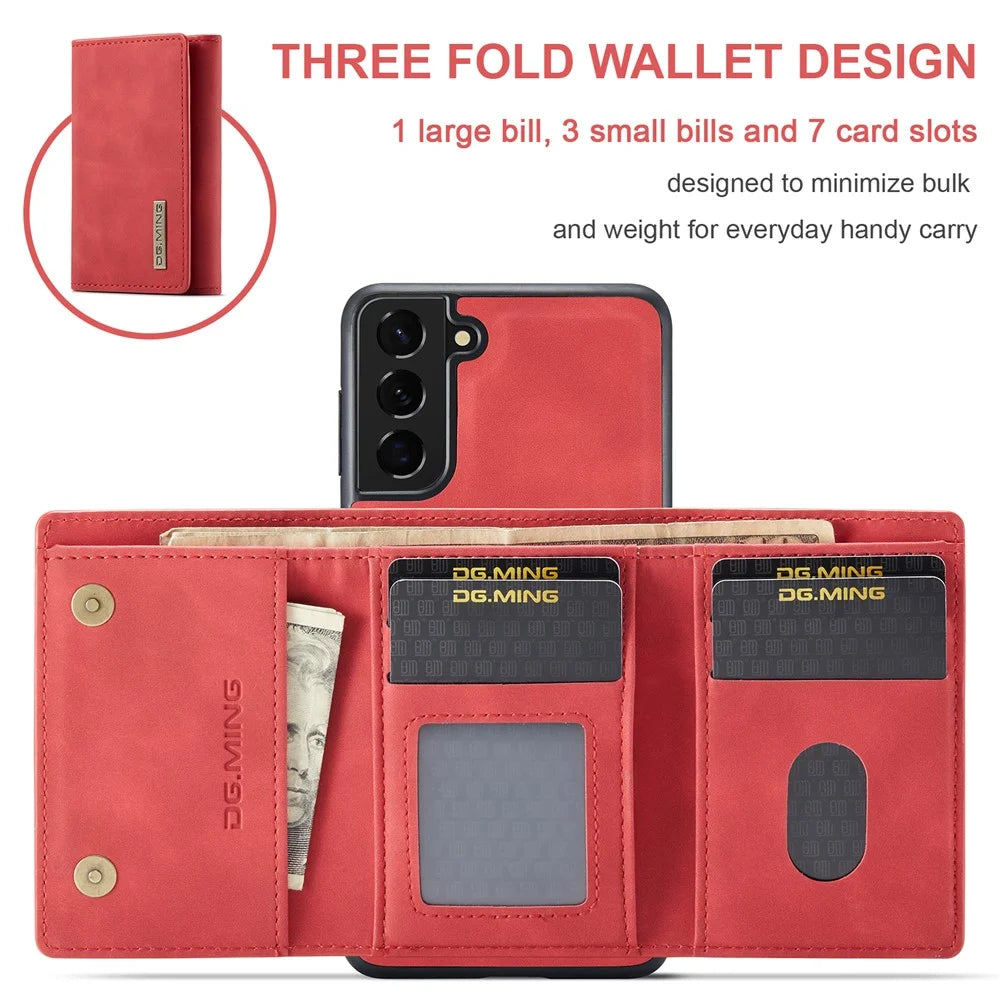 DG.MING M1 Series Detachable 2 in 1 Magnetic Wallet Design Leather Coated TPU + PC Case with Kickstand for Samsung Galaxy S21+ 5G - Red - 4