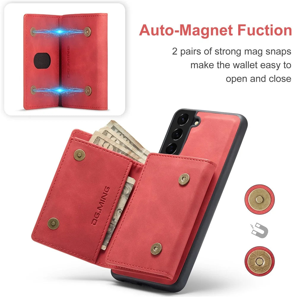 DG.MING M1 Series Detachable 2 in 1 Magnetic Wallet Design Leather Coated TPU + PC Case with Kickstand for Samsung Galaxy S21+ 5G - Red - 5
