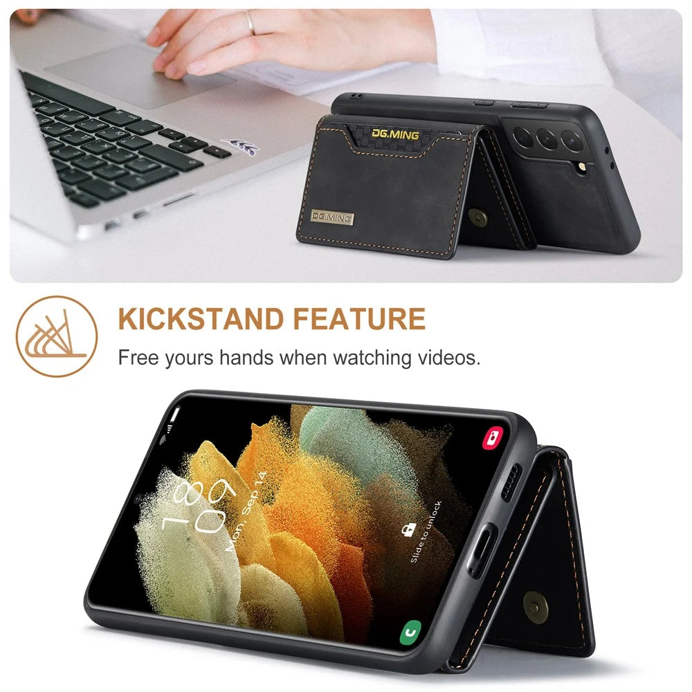 DG.MING M2 Series Magnetic Detachable Wallet Design Hybrid Case with Kickstand for Samsung Galaxy S21+ 5G - Black - 2