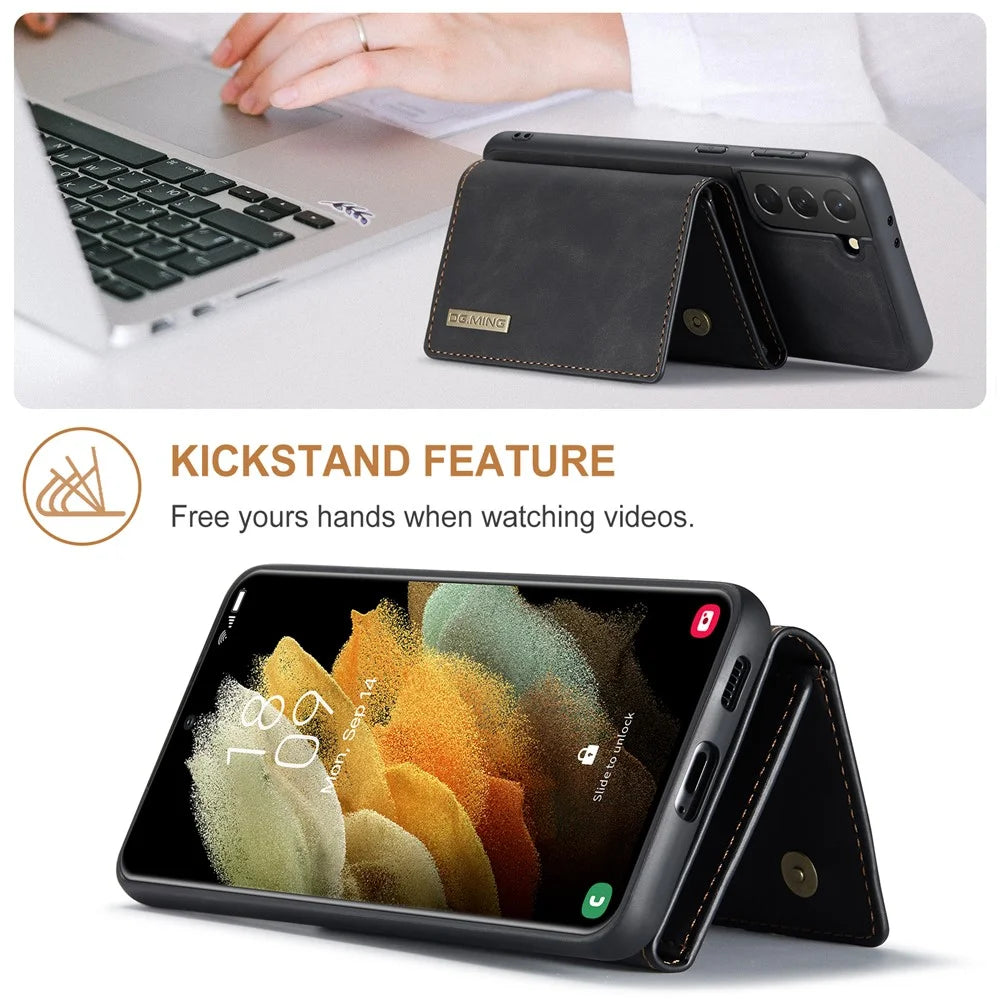 DG.MING M1 Series Detachable Wallet Design Leather Coated TPU + PC Case with Kickstand for Samsung Galaxy S21 5G/4G - Black - 2