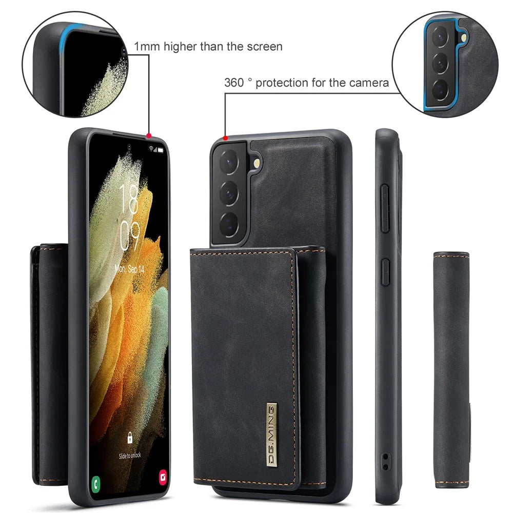 DG.MING M1 Series Detachable Wallet Design Leather Coated TPU + PC Case with Kickstand for Samsung Galaxy S21 5G/4G - Black - 6