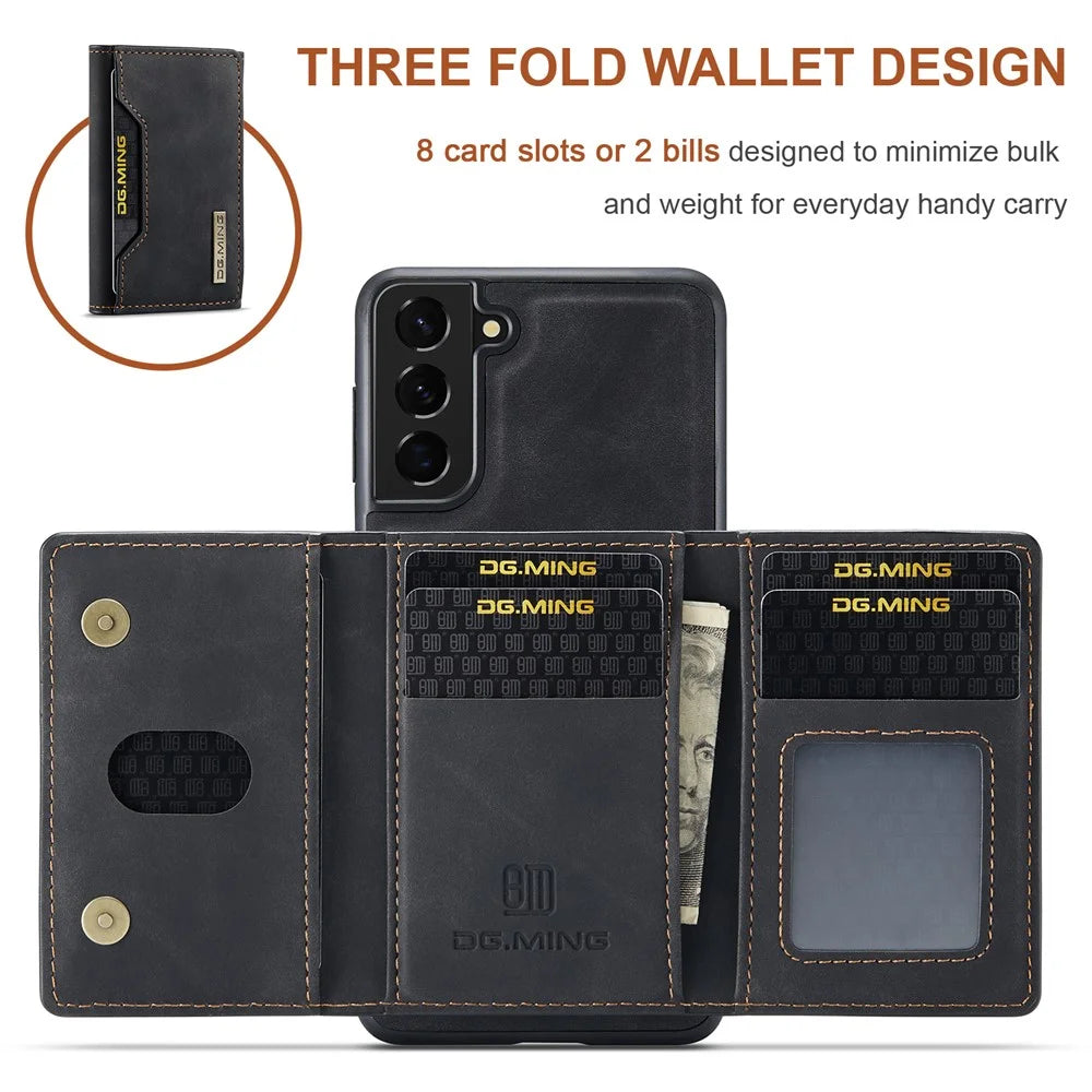 DG.MING M2 Series Detachable 2 in 1 Magnetic Wallet Design Hybrid Case with Kickstand for Samsung Galaxy S21 5G/4G - Black - 7